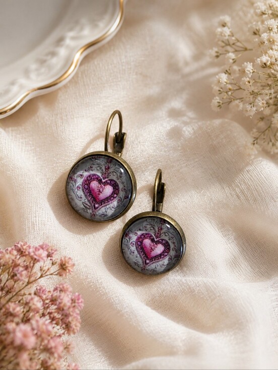 Jewelry - Pink Heart Cabochon Earrings | Romantic Boho Leverback Dangle Earrings NIP